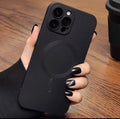 High-quality soft silicone case with a matte finish for iPhone 11, 12, 13, 14, 15, 16, 17, 18 Pro Max, Air, and Plus, featuring a magnetic bumper and protective back cover.